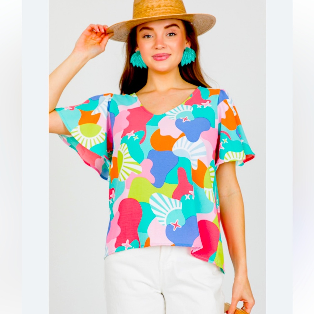 EUC Michelle McDowell‎ Colorful Print Wide Sleeve Blouse Top Size Small
